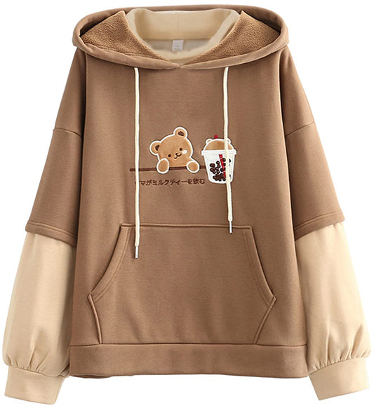 EMILYLE Women Cute Hoodie Girl Cartoon Bear Embroidery Long Sleeve Hoodie Patchwork Kawaii Sweatshirt(brown-1,XS)